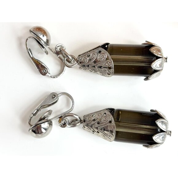 Silver Toned Silver Cylinder Rhinestone Vintage Clip On Dangle Earrings - Picture 9 of 10